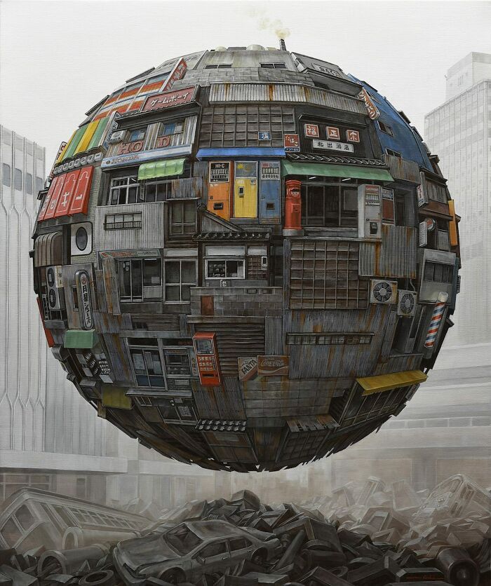Surreal floating sphere composed of post-apocalyptic urban cities details hovering above a pile of wrecked cars and debris.