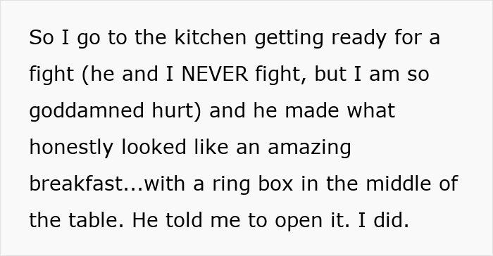 Text mentioning a surprising breakfast with a ring box. Upset ex-girlfriend and marriage proposal context. Text mentioning a surprising breakfast with a ring box. Upset ex-girlfriend and marriage proposal context.