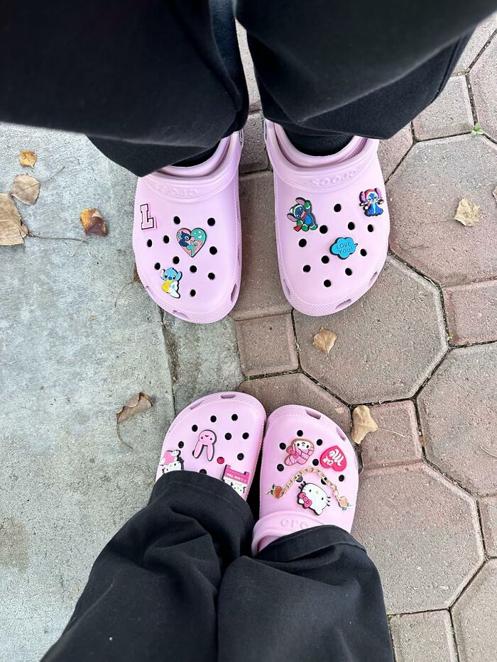 Pastel pink Crocs with cute charms on a brick path; top Amazon spring sale products showcased.