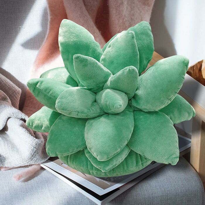 Plush green succulent decor on a sofa, enhancing apartment ambiance.