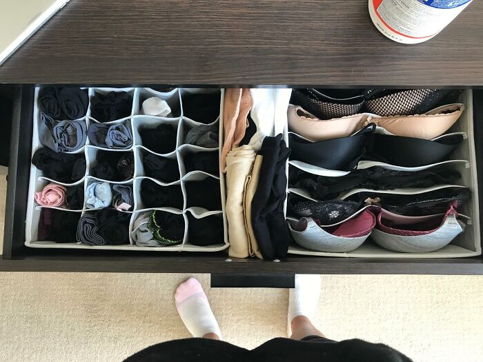 Drawer neatly organized with clothing and lingerie using affordable storage bins for genius organization finds under 20 dollars.