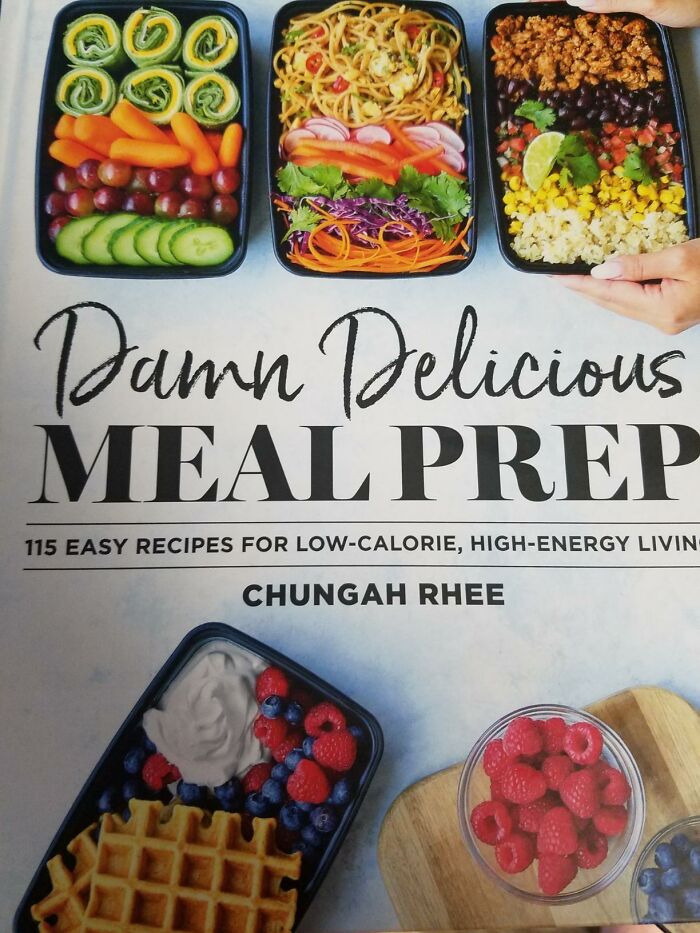 "Meal prep book cover with colorful food containers and fresh ingredients by Chungah Rhee."