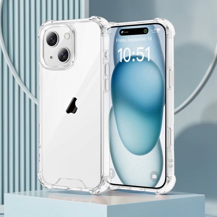 Clear phone case from Amazon Haul on a modern geometric background.