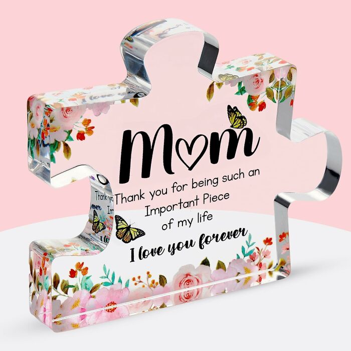 Decorative puzzle piece gift with floral design and loving message for last minute Mother's Day gifts.