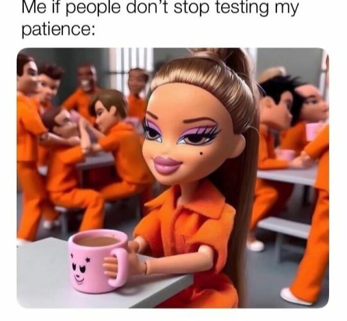Bratz doll in orange jumpsuit holding a pink mug with smiley face, surrounded by others in similar attire, funny meme.