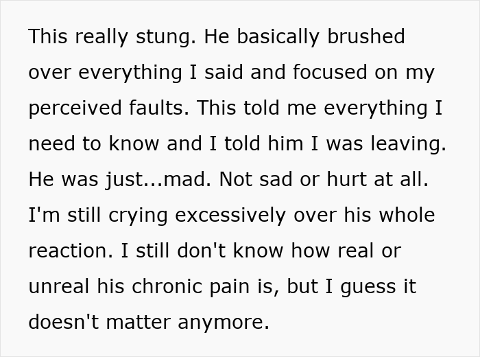 Text about guy's chronic pain affecting his relationship, while showing indifference to his partner's feelings.