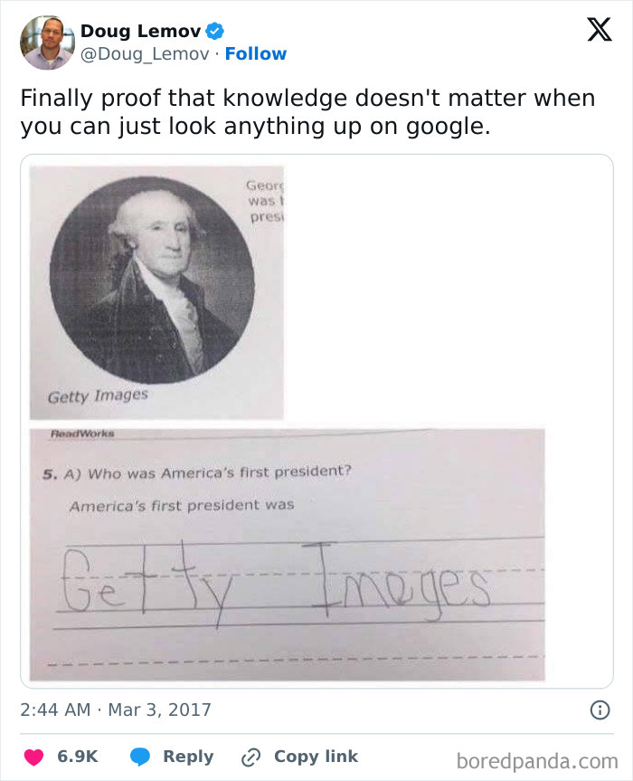 A child's homework fail, naming "Getty Images" as America's first president, demonstrating confidently incorrect humor.