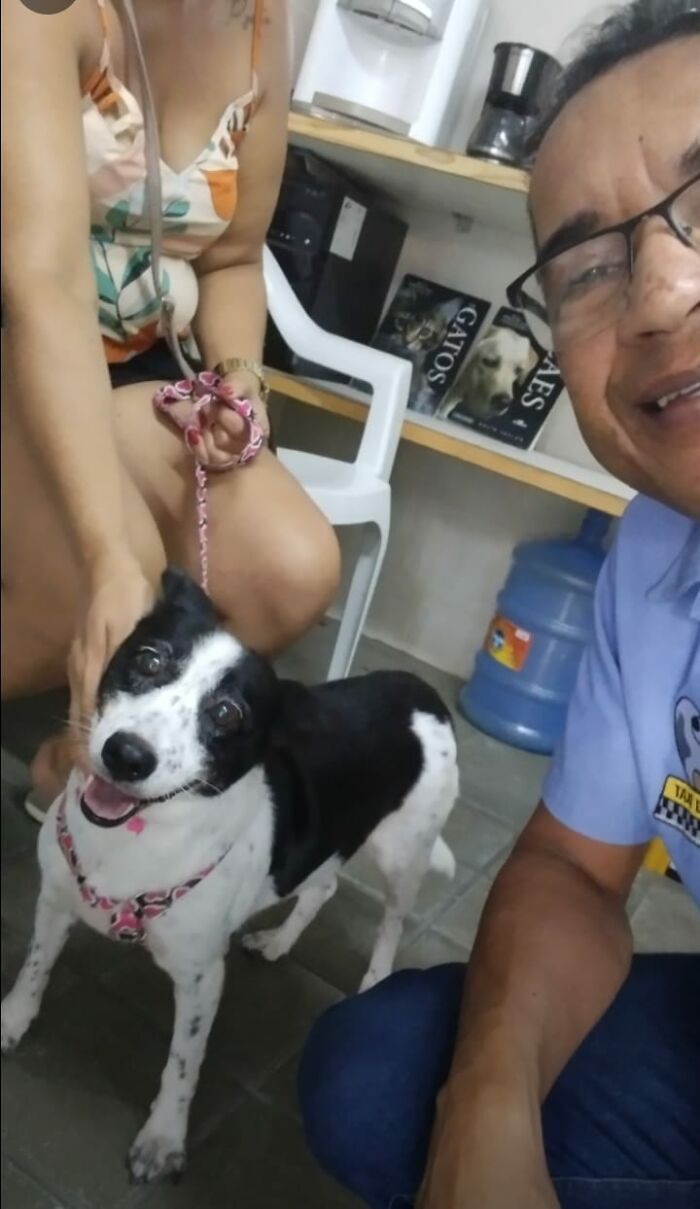 Man taking selfie with a happy black and white dog in a pet taxi setting, woman petting the dog beside him.