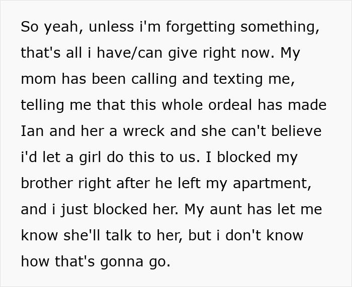 Text about family upset over girlfriend's reaction to brother's prank.