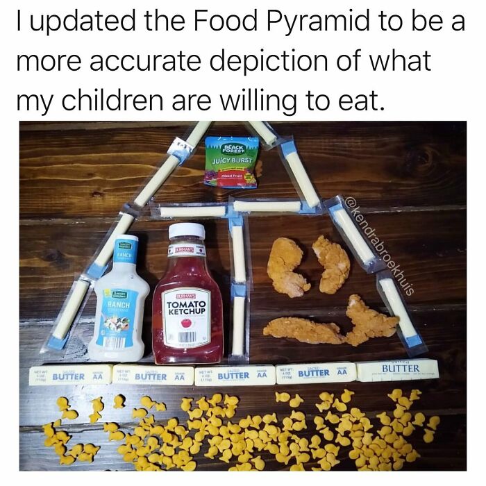 Relatable parenting meme shows a humorous food pyramid made of snacks, sauces, and chicken nuggets.