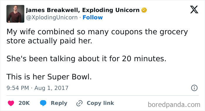 Funny tweet about wife combining coupons, leading to grocery store paying her, described as her Super Bowl moment.