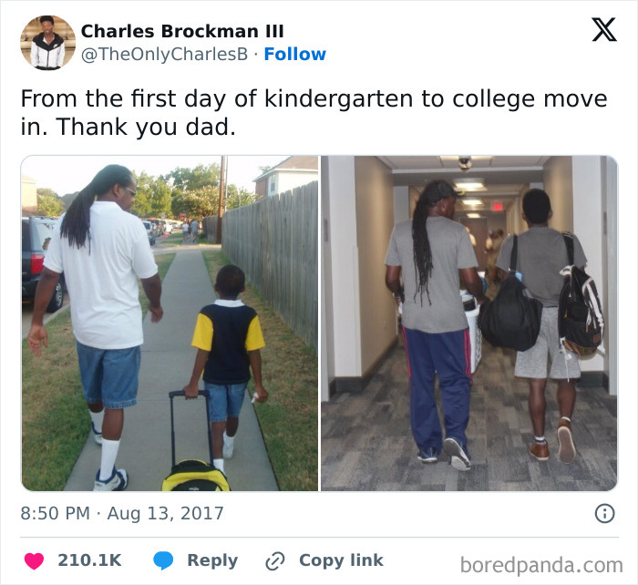 Father and son walking side by side capturing pure and uplifting moments from kindergarten to college move-in day.