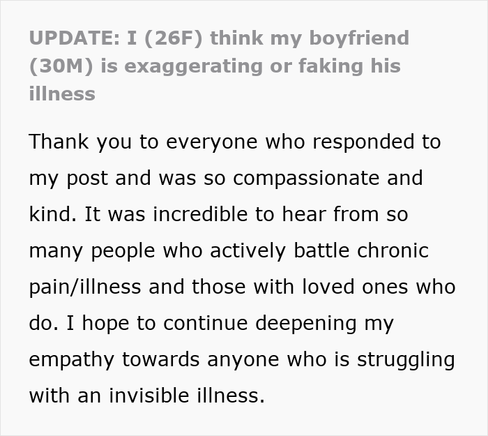 Text about boyfriend's illness and people's support for those with chronic pain.