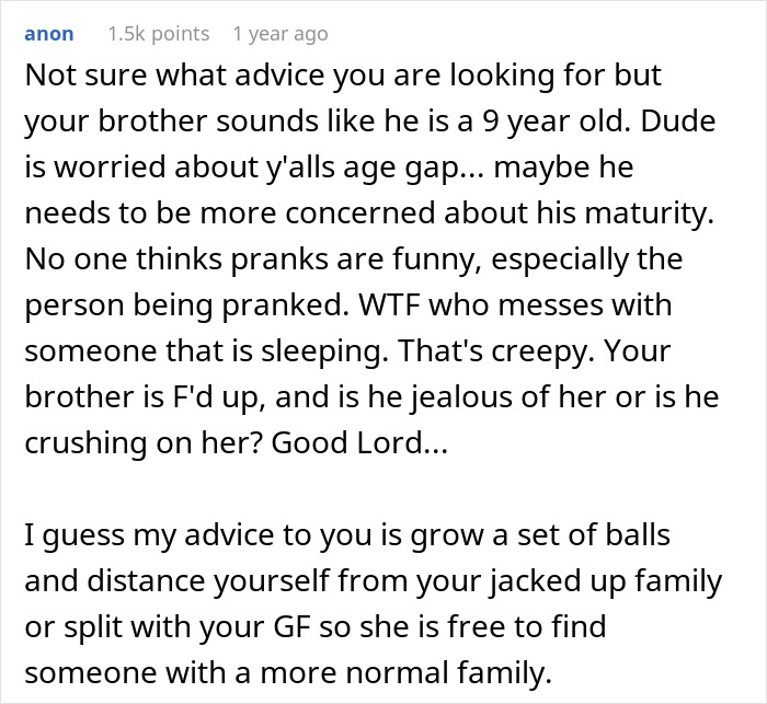 Reddit comment criticizing prank and suggesting distancing from the man's family over girlfriend fight.