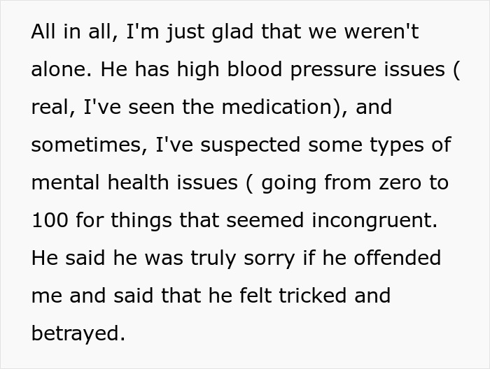 Text about a woman suspecting her partner's health issues and feeling sorry over a heated moment.