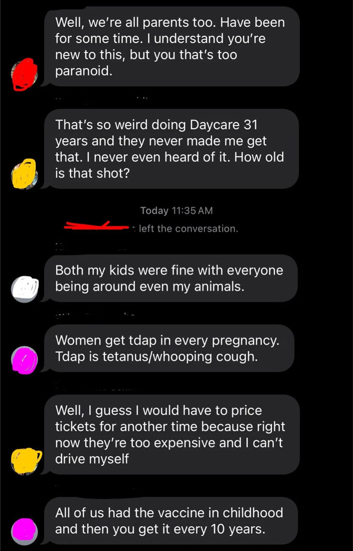 Group chat discussing the need for updated vaccines before visiting a new baby, causing offense among relatives. Group chat discussing the need for updated vaccines before visiting a new baby, causing offense among relatives.