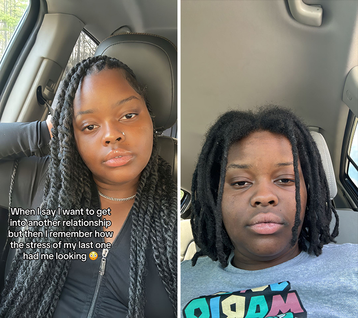 Person showing how they look single versus in a relationship, sitting in a car.