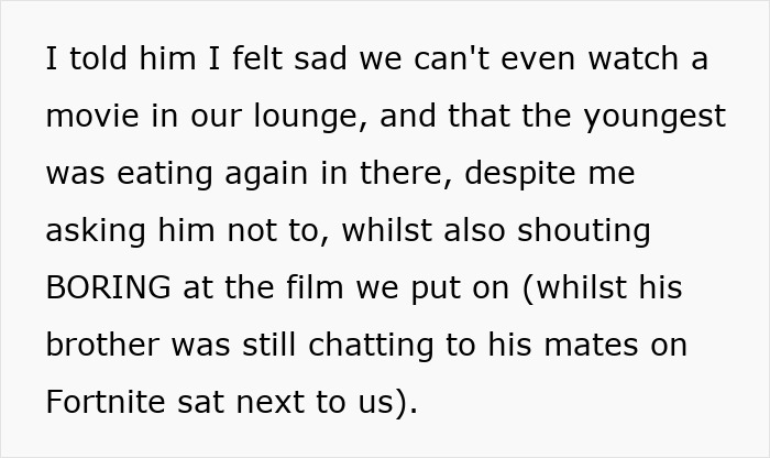 Text excerpt expressing stepmom's frustration over stepkids' behavior during a movie night.