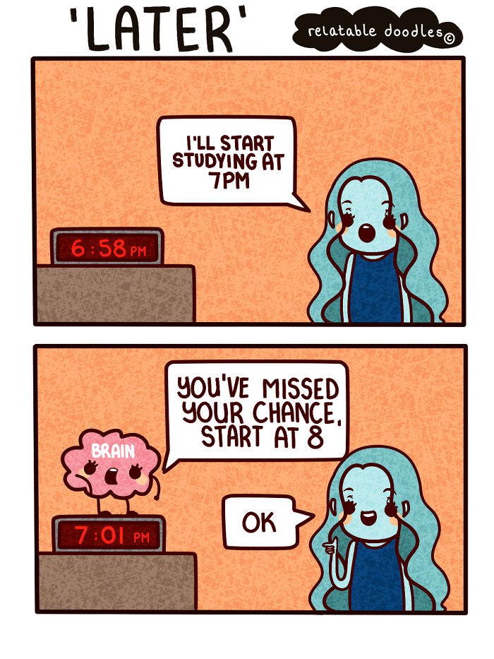 Comic of procrastination with a character delaying study time as the clock changes from 6:58 to 7:01.