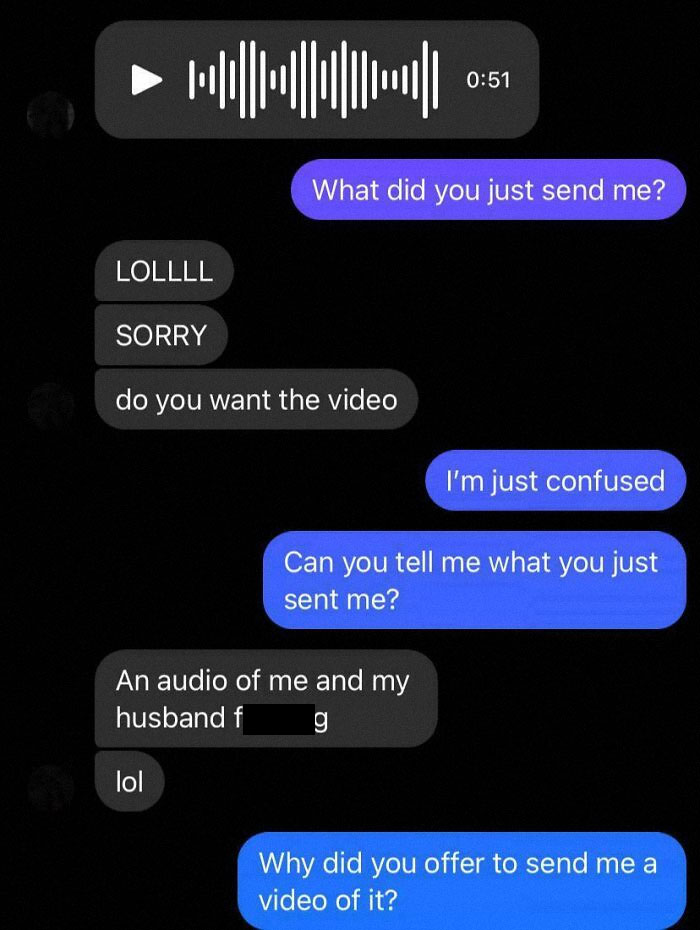 Text message exchange showing confusion over an unexpected audio file.