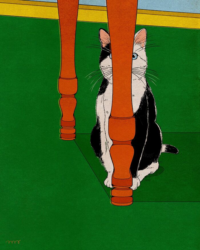 Black and white cat hiding behind a chair leg on a green floor, in a vibrant illustration by María Jesús Contreras.