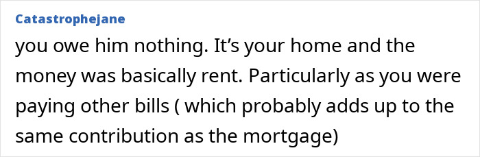 Comment discusses unpaid rent and expenses in a long-term relationship dispute.