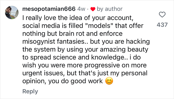 Comment praises neuroscientist for "hacking the system" by sharing educational content, highlighting her positive impact. Comment praises neuroscientist for "hacking the system" by sharing educational content, highlighting her positive impact.