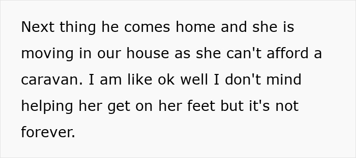 Text excerpt about a sister-in-law moving into a couple's home due to caravan affordability issues.