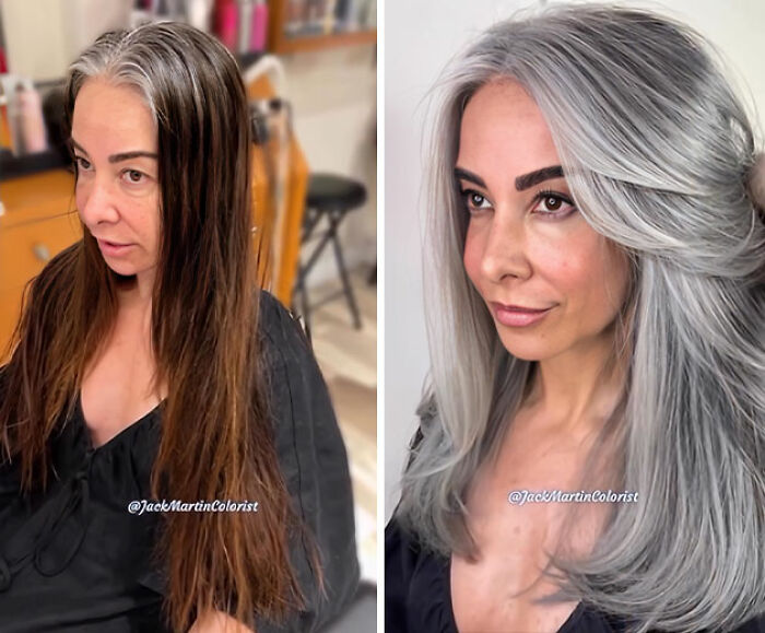 Woman before and after embracing natural gray hair transformation, showcasing dramatic before and after hair color change.
