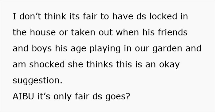 Text screenshot about a mom's request to keep her son away from a party so he doesn't outshine another child.