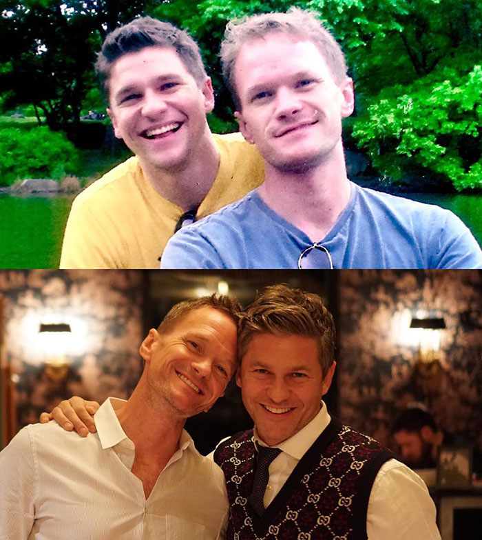 Two smiling men enjoying time together, showing a heartwarming bond in casual and formal settings.