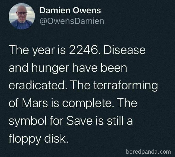 Tweet from Damien Owens in a futuristic setting about a floppy disk being the 'Save' icon, highlighting funny meme humor.