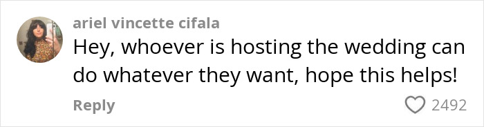 Comment on dry weddings debate, user supports hosts' freedom of choice. Comment on dry weddings debate, user supports hosts' freedom of choice.