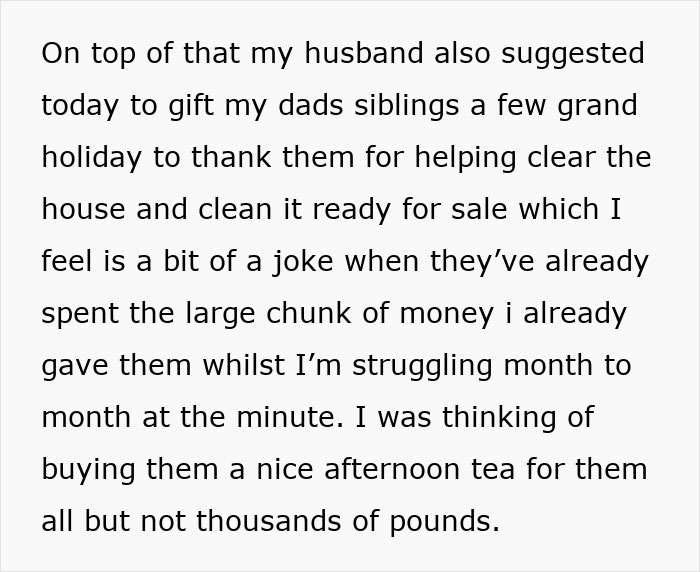 Woman inherits late father’s estate, feels guilty balancing family wishes and financial struggles after inheritance distribution. Woman inherits late father’s estate, feels guilty balancing family wishes and financial struggles after inheritance distribution.