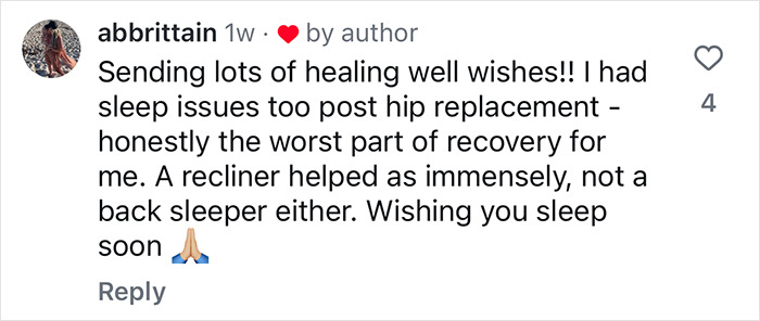 Comment sending healing wishes after hip replacement.