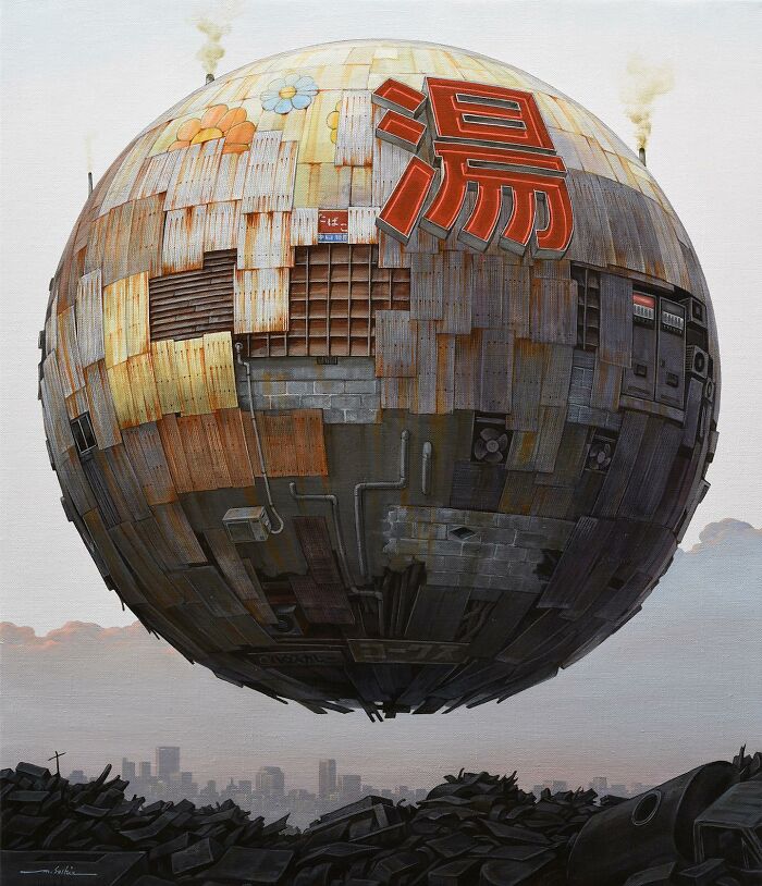 Surreal floating sphere made of rusted metal panels representing a post-apocalyptic urban city with smoke stacks above ruins.