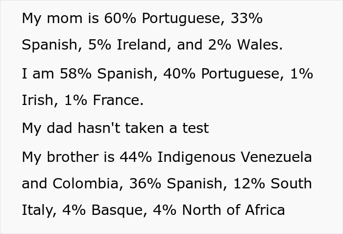 Family DNA results showing diverse ancestry percentages for mother, child, and brother; father hasn't tested.
