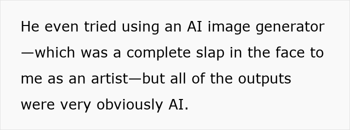 Text describing a failed attempt to use AI for portrait drawing instead of a human artist.