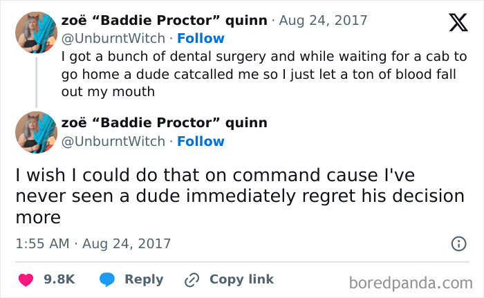 Anti-social meme about a dental surgery experience and catcalling with a witty response on social media.