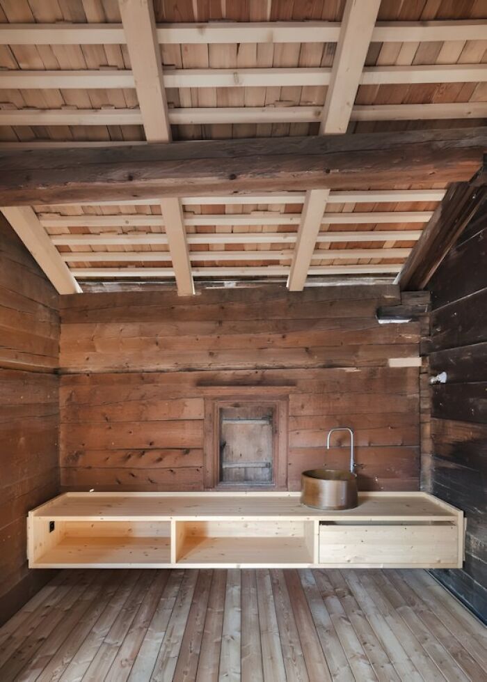 Modern wooden sink and countertop installation in rustic wood room showcasing woodworking ideas and craftsmanship.