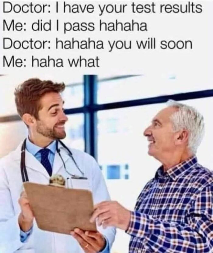 Man and doctor smiling during test results conversation, a funny meme to help insulate from noise in the world.