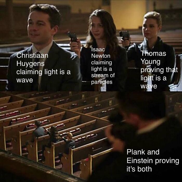 Three people in suits humorously debate light's nature; Huygens, Newton, Young in church pews; satire on physics theories.