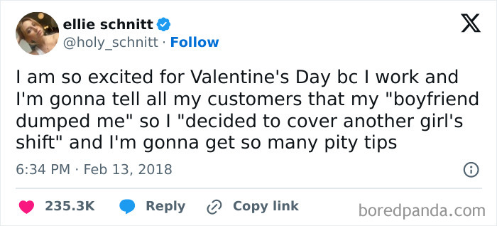 Tweet about Valentine's Day with a humorous twist, sharing a relatable work story about getting extra tips.