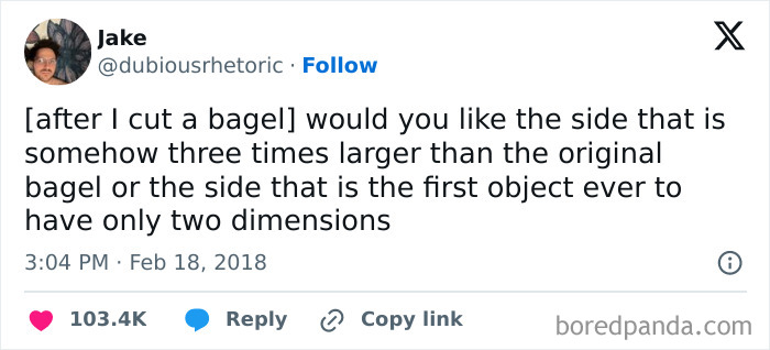 Funny meme about cutting a bagel into amusingly uneven halves.
