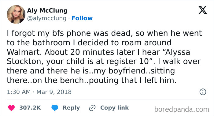 Tweet about love humorously describing finding boyfriend pouting at Walmart.