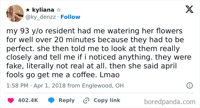 A funny tweet about a prank involving watering fake flowers for 20 minutes on April Fools' Day.