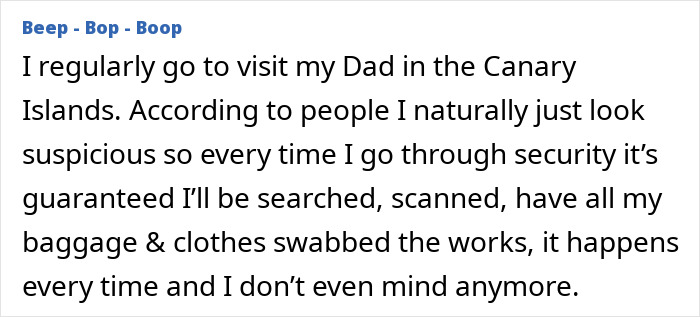 Text about being frequently searched at airport security, hinting at a 'SSSS' code on a plane ticket. Text about being frequently searched at airport security, hinting at a 'SSSS' code on a plane ticket.