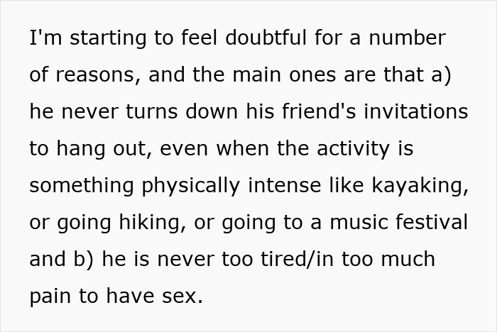 Text highlights a guy's selective excuses for avoiding activities with girlfriend while engaging in other tasks.