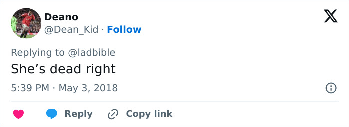 Tweet by Deano, agreeing with a comment related to female reporter's assault, timestamp shown.