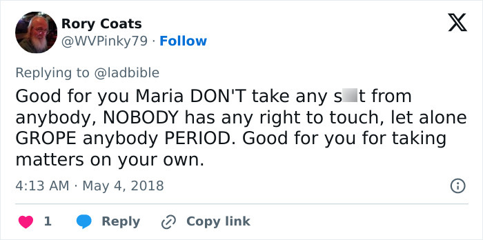 Tweet supporting female reporter after live TV incident, emphasizing personal boundaries and self-defense.